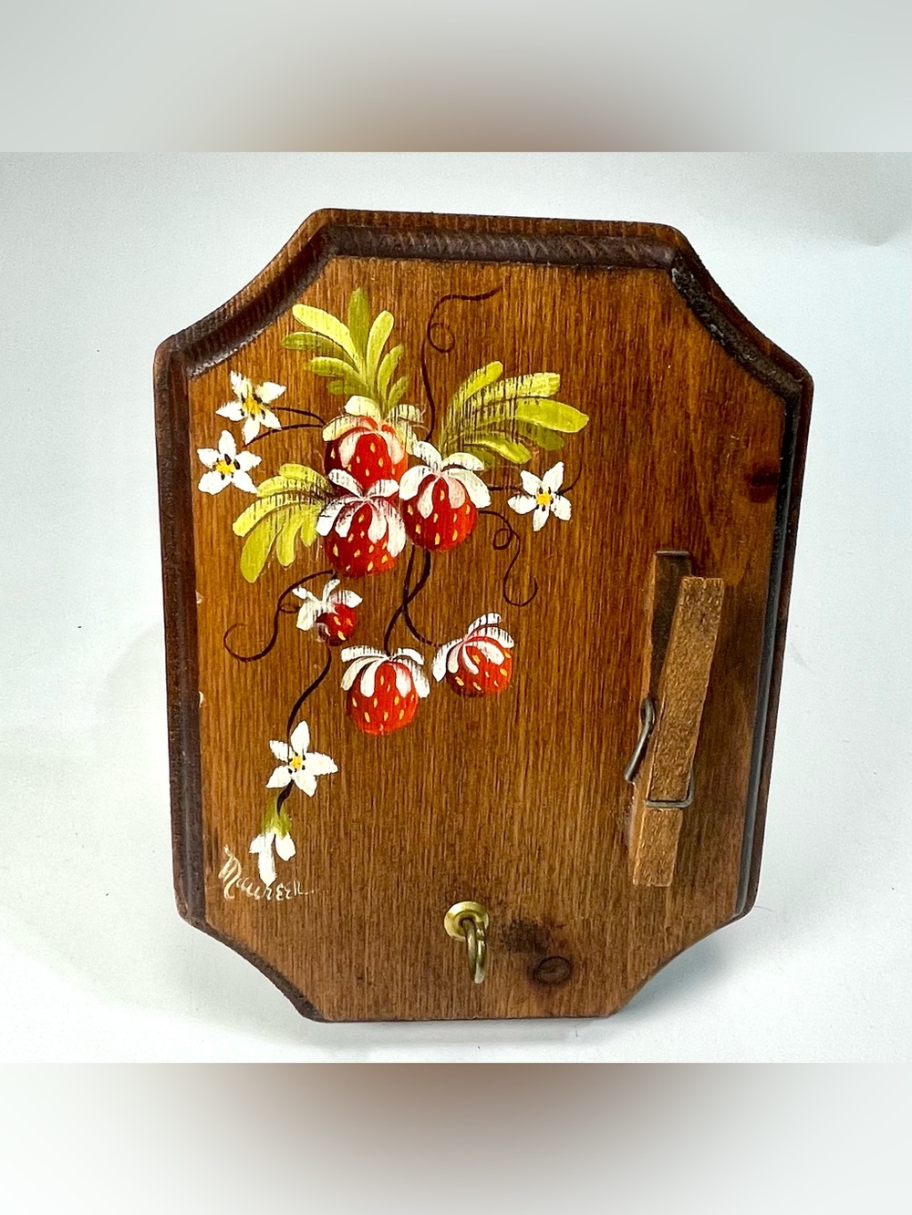 Vintage Hand-Painted Strawberry Wooden Memo Board & Key Holder